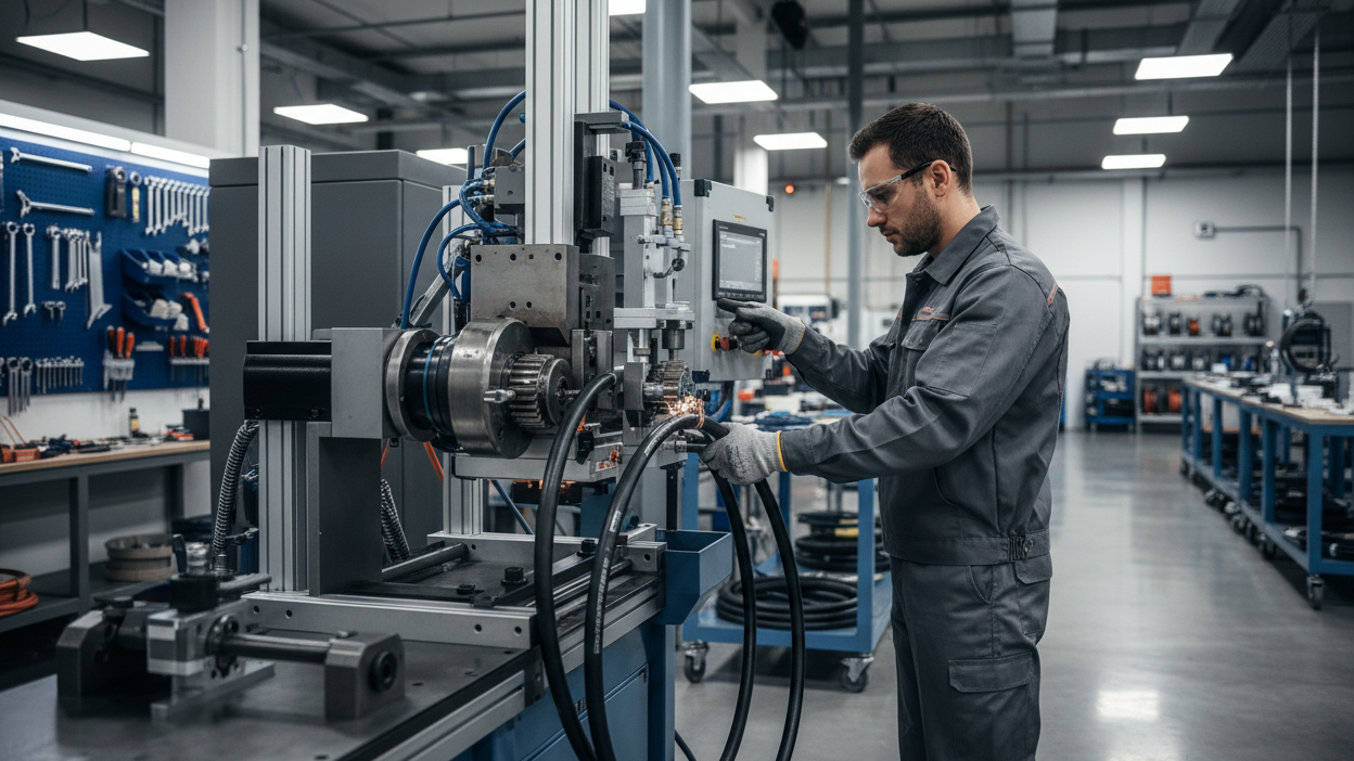 Fotografía profesional de un operario industrial trabajando en una máquina de fabricación de mangueras hidráulicas, entorno de taller limpio, enfoque en precisión y experiencia, iluminación suave, estilo industrial moderno, colores neutros, alta nitidez, sin personas mirando a cámara.